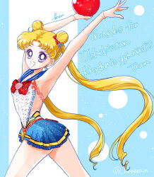 Rule 34 | 1girl, adapted costume, armpits, arms up, ball, bishoujo senshi sailor moon, blonde hair, blue eyes, blue sailor collar, blue skirt, bow, bowtie, cowboy shot, double bun, earrings, floating hair, from side, grin, hair bow, hair bun, highres, holding, holding ball, jewelry, long hair, miniskirt, pleated skirt, red bow, red bowtie, sailor collar, sailor moon, sarashina kau, skirt, smile, solo, standing, tsukino usagi, twintails, twitter username, very long hair