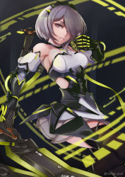 Rule 34 | 1girl, absurdres, bare shoulders, black gloves, brown hair, brown thighhighs, caiman pool, elbow gloves, gas mask, gloves, grin, hair ornament, hair over one eye, highres, holding, holding mask, holding weapon, honkai (series), honkai impact 3rd, looking at viewer, mask, mole, mole under eye, open mouth, purple eyes, rita rossweisse, rita rossweisse (phantom iron), scythe, short hair, smile, solo, teeth, thighhighs, weapon