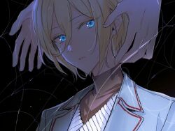 Rule 34 | 1boy, 1other, black background, blonde hair, blue eyes, blue jacket, brown shirt, disembodied hand, eichi turnr, ensemble stars!, highres, jacket, long sleeves, looking at viewer, parted lips, shaded face, shirt, short hair, silk, spider web, string, sweater, tenshouin eichi, turtleneck, white sweater
