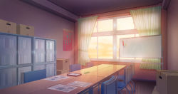 Rule 34 | absurdres, bookshelf, box, cardboard box, chair, clubroom, color creation, curtains, highres, indoors, no humans, original, paper, scenery, sunset, table, whiteboard, window