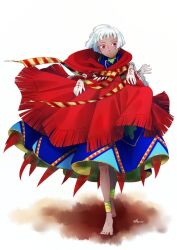 Rule 34 | 1girl, african clothes, anklet, barefoot, blue cloak, bone, cloak, closed mouth, command spell, dark-skinned female, dark skin, fate/requiem, fate (series), jewelry, kalanchoe xxxx, looking at viewer, necklace, nzambi (fate), red cloak, red eyes, severed hand, short hair, simple background, solo, tooth necklace, twitter username, very dark skin, walking, white background, white hair