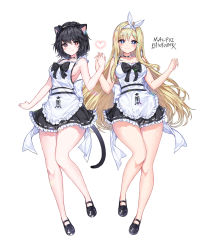 Rule 34 | 2girls, animal ears, apron, bare arms, bare legs, bare shoulders, black dress, black footwear, black hair, blade &amp; soul, blonde hair, blue eyes, breasts, cat ears, cat girl, cat tail, choker, commission, dress, frilled dress, frills, full body, hair ribbon, hairband, holding hands, heart, highres, large breasts, long hair, looking at viewer, maid, maid apron, mal poi, mary janes, multiple girls, red eyes, ribbon, shoes, short hair, sideboob, simple background, sleeveless, sleeveless dress, smile, tail, thighs, very long hair, white background