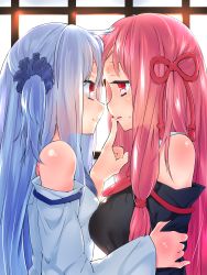 Rule 34 | 2girls, asymmetrical docking, bare shoulders, blue hair, blunt bangs, blush, breast press, breasts, detached sleeves, eye contact, eyelashes, face-to-face, female focus, finger to another&#039;s mouth, finger to mouth, forehead-to-forehead, from side, hair ornament, hair ribbon, hair scrunchie, hand on another&#039;s arm, heads together, highres, holding another&#039;s arm, kotonoha akane, kotonoha aoi, large breasts, lips, long hair, looking at another, multiple girls, one side up, parted lips, pink hair, pink lips, red eyes, ribbon, scrunchie, shirasagi rokuwa, shushing, siblings, sisters, smile, sweat, tress ribbon, twins, upper body, voiceroid, window, yuri