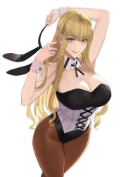 Rule 34 | 1girl, animal ears, bare shoulders, black leotard, blush, breasts, brown pantyhose, cleavage, corset, damegane, detached collar, fake animal ears, highleg, highleg leotard, highres, large breasts, leotard, long hair, looking at viewer, original, pantyhose, playboy bunny, rabbit ears, rabbit tail, simple background, smile, solo, strapless, strapless leotard, tail, thighs, underbust, victoria (damegane), white background, wrist cuffs