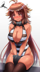 Rule 34 | 1girl, absurdres, animal ears, antenna hair, b-pang, black thighhighs, blush, breasts, brown eyes, brown hair, cleavage, closed mouth, dark-skinned female, dark skin, embarrassed, fang, female focus, highres, kaori (princess connect!), large breasts, long hair, looking away, messy hair, princess connect!, sitting, solo, sweat, swimsuit, tan, thighhighs, very long hair, wavy mouth
