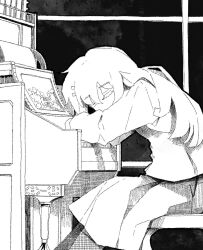 Rule 34 | 1girl, closed eyes, from side, greyscale, hair between eyes, highres, indoors, instrument, long hair, monochrome, original, piano, sitting, solo, tayama222