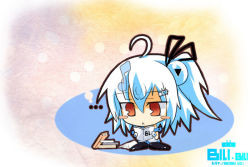 Rule 34 | ..., 1girl, ahoge, aqua hair, auer, bili girl 33, bilibili, book, chibi, female focus, gradient background, hair ornament, hair ribbon, hairclip, musical note, no nose, open book, reading, red eyes, ribbon, side ponytail, sitting, solo