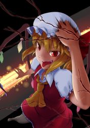 Rule 34 | 1girl, arm up, ascot, blonde hair, broken glass, clenched hand, collarbone, crack, dress, eyelashes, fang, flandre scarlet, foreshortening, fourth wall, glass, hat, hat ribbon, huntertakumi, looking at viewer, mob cap, no shoes, puffy short sleeves, puffy sleeves, red dress, red eyes, ribbon, shirt, short hair, short sleeves, side ponytail, skirt, skirt set, smile, solo, tongue, tongue out, touhou, vest, white legwear, wings