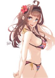 Rule 34 | 1girl, ahoge, alakoala, artist name, bare arms, bare legs, bare shoulders, bikini, breasts, brown hair, cowboy shot, dated, double bun, flower, from side, groin, hair bun, hair flower, hair ornament, halterneck, highres, kantai collection, kongou (kancolle), large breasts, long hair, looking at viewer, navel, open mouth, print bikini, purple eyes, red flower, side-tie bikini bottom, signature, simple background, solo, string bikini, swimsuit, teeth, union jack, upper teeth only, white background