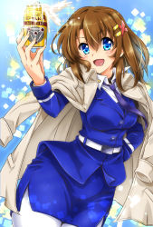 Rule 34 | 1girl, beer can, belt, blue jacket, blue necktie, blue skirt, can, coat, coat on shoulders, commentary request, detexted, dress shirt, drink can, froth, hair ornament, hairclip, hand on own hip, highres, holding, holding can, jacket, long sleeves, looking at viewer, lyrical nanoha, magic circle, mahou senki lyrical nanoha force, medium hair, military, military uniform, miniskirt, necktie, open mouth, pantyhose, partial commentary, pencil skirt, san-pon, shirt, side slit, skirt, smile, solo, standing, third-party edit, trench coat, tsab naval military uniform, twitter username, uniform, white belt, white coat, white pantyhose, white shirt, x hair ornament, yagami hayate