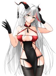 Rule 34 | 1girl, :o, absurdres, aegir (azur lane), aegir (golden dragon among auspicious clouds) (azur lane), azur lane, bare shoulders, black garter belt, black garter straps, black gloves, black horns, black panties, breasts, cleavage, criss-cross halter, demon horns, framed breasts, garter belt, garter straps, gloves, grey hair, hair on horn, haiyoruchaos01, halterneck, highres, horn ornament, horns, lace, lace-trimmed thighhighs, large breasts, long hair, looking at viewer, multicolored hair, official alternate costume, panties, pelvic curtain, sideless outfit, simple background, streaked hair, thighhighs, underwear, very long hair, white background, yellow eyes