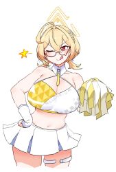 Rule 34 | 1girl, ahoge, blonde hair, blue archive, braid, breasts, cheerleader, cleavage, glasses, halo, highres, kotori (blue archive), kotori (cheer squad) (blue archive), large breasts, mannungei, midriff, millennium cheerleader outfit (blue archive), navel, one eye closed, pom pom (cheerleading), red eyes, thigh strap, white background