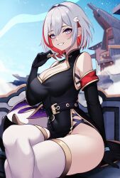 Rule 34 | 1girl, absurdres, bare shoulders, belt, black bridal gauntlets, black dress, breasts, bridal gauntlets, china dress, chinese clothes, cleavage, coin, crossed legs, dress, earrings, eyeliner, hair ornament, hairclip, highres, holding, holding coin, honkai: star rail, honkai (series), jewelry, large breasts, looking at viewer, makeup, multicolored hair, no panties, numby (honkai: star rail), red eyeliner, smile, solo, streaked hair, stud earrings, thighhighs, thighs, topaz (honkai: star rail), trotter (honkai: star rail), white hair, white thighhighs, yan kodiac