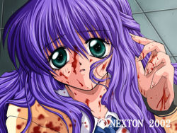 Rule 34 | 1girl, aqua eyes, blood, blood on face, blood on clothes, blood on hands, game cg, haruka mima, lowres, moon (game), nexton, purple hair, solo, spoilers