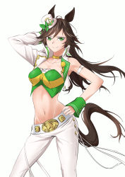 Rule 34 | 1girl, absurdres, animal ears, arm strap, arm up, bare shoulders, black hair, bow, breasts, choker, collarbone, commentary, cowboy shot, crop top, gakigaki, green bow, green eyes, green shirt, groin, hand on own hip, hat, hat bow, highres, horse ears, jacket, long hair, long sleeves, looking at viewer, medium breasts, midriff, mini hat, mini top hat, mr. c.b. (umamusume), navel, open clothes, open jacket, pants, shirt, simple background, single sleeve, smile, solo, standing, stomach, strapless, strapless shirt, top hat, umamusume, white background, white hat, white jacket, white pants, wrist cuffs, yellow choker