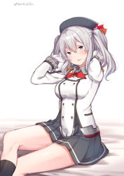 Rule 34 | 1girl, absurdres, anchor, bad id, bad pixiv id, bed sheet, beret, black skirt, black socks, blue eyes, blush, breasts, buttons, epaulettes, frilled sleeves, frills, gloves, hat, highres, kantai collection, kashima (kancolle), kerchief, long hair, long sleeves, medium breasts, military, military uniform, open mouth, pleated skirt, red neckwear, silver hair, simple background, sitting, skirt, socks, solo, twintails, twitter username, uniform, warojiku, wavy hair, white background, white gloves