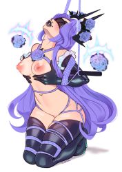 Rule 34 | 1girl, absurdres, ball, bare shoulders, black gloves, black thighhighs, blindfold, blush, boots, breasts, collarbone, elbow gloves, facing up, flower, gloves, grabbing own breast, high heels, highres, ilwha, kneeling, large breasts, league of legends, lipstick, long hair, magic, makeup, navel, nipples, nude, parted lips, restrained, rope, rose, shiny skin, solo, spirit blossom syndra, syndra, teeth, thigh boots, thighhighs, withered rose syndra