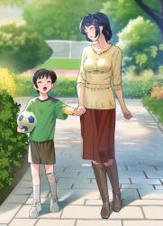 Rule 34 | 1boy, 1girl, :d, ball, blurry, blurry background, blush, breasts, brown footwear, brown shorts, buttons, collarbone, facing another, green shirt, highres, holding, holding ball, kneehighs, large breasts, long sleeves, mole, mole under eye, mother and son, open mouth, original, outdoors, red skirt, shirt, shoes, short sleeves, shorts, skirt, smile, soccer ball, soccer uniform, socks, sportswear, standing, tree, yewang19