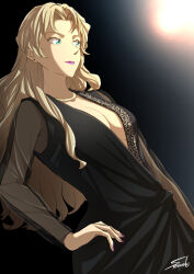 Rule 34 | 1girl, black dress, blonde hair, breasts, cleavage, dress, green eyes, highres, large breasts, long hair, looking to the side, meitantei conan, plunging neckline, purple lips, purple nails, see-through, see-through sleeves, signature, solo, sooma4869, vermouth (meitantei conan)