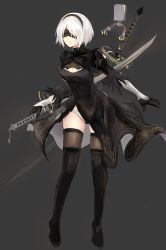Rule 34 | 1girl, absurdres, annnna, black dress, black footwear, black thighhighs, blindfold, boots, breasts, cleavage, cleavage cutout, clothing cutout, dress, female focus, full body, gloves, grey background, hairband, highres, holding, holding sword, holding weapon, juliet sleeves, large breasts, long sleeves, nier (series), nier:automata, panties, pantyshot, pod (nier:automata), puffy sleeves, short hair, silver hair, simple background, skindentation, standing, sword, thigh boots, thighhighs, two-sided fabric, two-sided skirt, underwear, weapon, white panties, 2b (nier:automata)