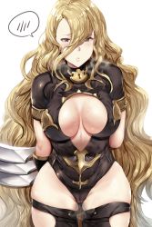 Rule 34 | 10s, 1girl, arms behind back, blonde hair, blue eyes, breasts, claws, cleavage cutout, clothing cutout, commentary request, covered navel, cowboy shot, eyes visible through hair, granblue fantasy, groin, hair between eyes, hews, highres, large breasts, lips, long hair, looking at viewer, no mask, parted lips, predator (granblue fantasy), short sleeves, sideboob, simple background, skindentation, solo, spoken blush, sweat, thighhighs, thighs, very long hair, wavy hair, white background
