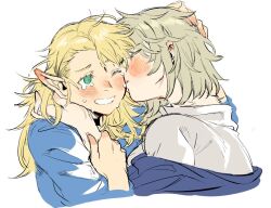 Rule 34 | 2girls, aqua eyes, blonde hair, blue robe, blush, commentary, commentary request, cropped torso, crying, crying with eyes open, dungeon meshi, ear blush, elf, english commentary, falin touden, falin touden (tallman), grey hair, grey shirt, hand on another&#039;s head, kiss, kissing cheek, leichen6194, long hair, marcille donato, mixed-language commentary, multiple girls, one eye closed, open mouth, pointy ears, robe, shirt, short hair, simple background, smile, tears, upper body, white background, yuri