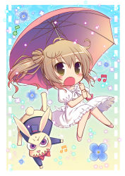 Rule 34 | 1girl, animal, beamed quavers, blush, bow, bowtie, brown eyes, brown hair, rabbit, cevio, chibi, clothed animal, dress, flower, hat, highres, long hair, musical note, noumiso hoehoe, open mouth, puffy short sleeves, puffy sleeves, purple eyes, quaver, satou sasara, short sleeves, side ponytail, solo, top hat, umbrella, white dress