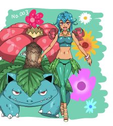 Rule 34 | 10s, 1girl, bare shoulders, blue hair, breasts, creatures (company), crop top, flabebe, flower, game freak, gen 1 pokemon, gen 6 pokemon, hair flower, hair ornament, kitsune-tsuki (getter), looking at viewer, midriff, navel, nintendo, open mouth, personification, pokedex number, pokemon, pokemon (creature), pokemon xy, red eyes, smile, tan, tank top, venusaur
