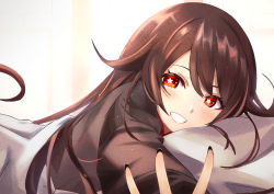 Rule 34 | 1girl, absurdres, bed sheet, black nails, blush, brown hair, chinese clothes, genshin impact, highres, hu tao (genshin impact), long hair, long sleeves, looking at viewer, lying, mxsoundtube, nail polish, on stomach, outstretched hand, pillow, red eyes, smile, star-shaped pupils, star (symbol), symbol-shaped pupils