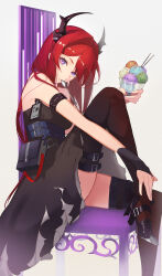 Rule 34 | 1girl, arknights, bare shoulders, belt, black dress, black footwear, black gloves, black thighhighs, breasts, chair, cup, dress, fingerless gloves, food, gloves, high heels, highres, holding, holding cup, horns, ice cream, ice cream spoon, id card, infection monitor (arknights), knee up, long hair, looking at viewer, looking to the side, pouch, purple eyes, red hair, sidelocks, single glove, sitting, sleeveless, sleeveless dress, small breasts, solo, spoon, sundae, surtr (arknights), thighhighs, torn clothes, torn dress, utensil in mouth, yakupan