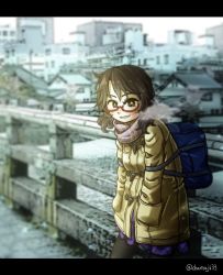 Rule 34 | 1girl, against railing, backpack, bag, bridge, brown hair, building, casual, chamaji, commentary request, cowboy shot, day, glasses, grin, hands in pockets, highres, jacket, leaning against railing, letterboxed, outdoors, pantyhose, plaid, plaid skirt, railing, scarf, semi-rimless eyewear, short hair, skirt, smile, solo, touhou, twitter username, usami sumireko