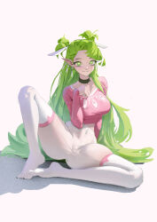 1girl absurdres ass black_choker breasts chinese_commentary choker closed_mouth collarbone commentary covered_navel ear_piercing earrings film_grain ga_is green_eyes green_hair hair_ribbon hand_up heart heart-shaped_pupils highres jewelry large_breasts legs_apart long_hair long_sleeves looking_at_viewer midriff_peek no_pants original pantyhose piercing pink_shirt pointy_ears ribbon shirt simple_background sitting smile solo symbol-shaped_pupils thighhighs thighhighs_over_pantyhose toes two_side_up very_long_hair white_background white_ribbon white_thighhighs