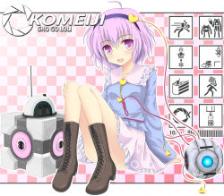Rule 34 | 1girl, aperture science handheld portal device, bad id, bad pixiv id, blush, boots, cake, crossover, eyeball, food, hairband, heart, highres, komeiji satori, noveske n4, open mouth, pink eyes, pink hair, portal (series), portal 1, short hair, smile, solo, third eye, touhou, valve, aperture science weighted companion cube, wheatley