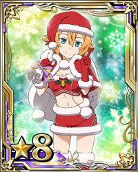 Rule 34 | 10s, 1girl, aqua eyes, boots, bow, breasts, capelet, card (medium), cleavage, crop top, gift bag, gloves, hair between eyes, hat, holding, index finger raised, light brown hair, looking at viewer, medium breasts, midriff, navel, philia (sao), red footwear, red gloves, red hat, red shirt, red skirt, santa boots, santa gloves, santa hat, shirt, short hair, skirt, smile, snowflakes, solo, star (symbol), striped, striped bow, sword art online, thigh boots, thighhighs