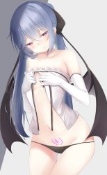 Rule 34 | bare shoulders, black panties, blue hair, blush, breasts, demon girl, demon wings, doyachii, frills, gloves, hair tie, hand on own chest, highres, long hair, navel, panties, pink eyes, pout, pubic tattoo, revealing clothes, simple background, small breasts, tattoo, twintails, underwear, white gloves, wings