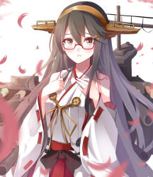 Rule 34 | 10s, 1girl, bare shoulders, bespectacled, black hair, blush, brown eyes, cowboy shot, glasses, hair ornament, hairband, hairclip, hands on own chest, haruna (kancolle), headgear, highres, kantai collection, looking at viewer, machinery, nontraditional miko, open mouth, petals, shigure s, simple background, solo