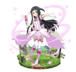 Rule 34 | 1girl, black eyes, black hair, boots, bow, floating hair, full body, gloves, hair bobbles, hair ornament, holding, holding staff, layered skirt, long hair, looking at viewer, magical girl, miniskirt, outstretched arm, pink footwear, pink neckwear, pink skirt, red bow, short sleeves, simple background, skirt, smile, solo, staff, sword art online, thighhighs, tuxedo, two side up, very long hair, white background, white gloves, white thighhighs, yui (sao)