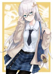 Rule 34 | 1girl, absurdres, anastasia (fate), bag, blue eyes, contemporary, evening rabbit, fate/grand order, fate (series), glasses, highres, long hair, necktie, pantyhose, plaid, plaid skirt, school bag, silver hair, skirt, solo, stationery
