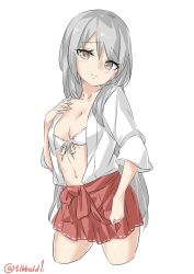 Rule 34 | 10s, 1girl, bad id, bad twitter id, blush, breasts, brown eyes, cleavage, closed mouth, collarbone, cowboy shot, cropped legs, ebifurya, eyebrows, front-tie top, grey hair, hakama, hakama short skirt, hakama skirt, hand on own chest, head tilt, highres, inactive account, japanese clothes, kantai collection, long hair, looking at viewer, medium breasts, navel, open clothes, ribbon, shoukaku (kancolle), simple background, skirt, solo, stomach, twitter username, white background, white ribbon