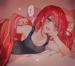 Rule 34 | 1girl, :d, bad id, bad pixiv id, bang dream!, bed invitation, black tank top, blue eyes, blush, breasts, cleavage, collarbone, dark room, head rest, heart, long hair, looking at viewer, lying, mamaloni, medium breasts, on side, open mouth, pillow, red hair, smile, solo, tank top, translation request, udagawa tomoe, under covers
