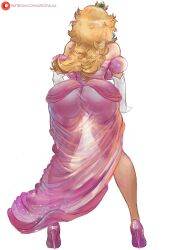 Rule 34 | 1girl, absurdres, alva (artofalva), ass, back, backlighting, bare shoulders, blonde hair, commentary, crown, detached sleeves, dress, earrings, elbow gloves, english commentary, from behind, gloves, high heels, highres, jewelry, long hair, mario (series), narrow waist, nintendo, pink dress, pink footwear, princess peach, puffy sleeves, pussy, see-through, see-through dress, sparkle, super mario bros. 1, watermark, web address, white background, white gloves