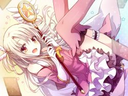 Rule 34 | 1girl, ass, blush, elbow gloves, fate/kaleid liner prisma illya, fate/stay night, fate (series), gloves, illyasviel von einzbern, looking at viewer, open mouth, pink thighhighs, red eyes, silver hair, smile, solo, thighhighs, white gloves, yimu