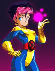 Rule 34 | 1980s (style), 1girl, abraham perez, absurdres, animification, blue eyes, bodysuit, breasts, commentary, earrings, energy orb, english commentary, eyewear on head, gloves, hair behind ear, hand on own hip, highres, jewelry, jubilee, looking to the side, marvel, medium breasts, oldschool, open hand, parted lips, retro artstyle, smile, solo, sunglasses, superhero costume, twitter username, x-men, yellow gloves
