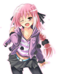 Rule 34 | 1boy, ;d, astolfo (fate), astolfo (memories at trifas) (fate), black legwear, braid, fang, fate/apocrypha, fate (series), hair ribbon, hood, hooded jacket, jacket, kujira jio, long hair, male focus, midriff, miniskirt, navel, official alternate costume, one eye closed, open mouth, pantyhose, pink eyes, pink hair, pleated skirt, ribbon, shirt, single braid, skirt, smile, striped clothes, striped shirt, trap