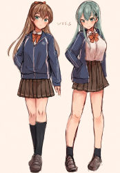Rule 34 | 2girls, adapted costume, aqua eyes, aqua hair, artist name, black socks, blue eyes, blue jacket, brown hair, brown skirt, commentary request, grey background, hair ornament, hairclip, hands in pockets, jacket, kantai collection, kneehighs, kumano (kancolle), loafers, long hair, looking at viewer, multiple girls, pleated skirt, ponytail, red neckwear, school uniform, shirt, shoes, simple background, skirt, socks, standing, suzuya (kancolle), white shirt, wss (nicoseiga19993411)