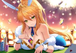 Rule 34 | 1girl, absurdres, ahoge, animal ears, artoria pendragon (all), artoria pendragon (fate), artoria pendragon (swimsuit ruler) (fate), bare shoulders, bent over, between breasts, blue necktie, blue pantyhose, blush, braid, breasts, card, casino, cleavage, collarbone, detached collar, fate/grand order, fate (series), green eyes, has bad revision, has downscaled revision, highres, indoors, large breasts, lens flare, leotard, long hair, looking at viewer, md5 mismatch, necktie, pantyhose, parted lips, playing card, poker chip, ponytail, rabbit ears, resolution mismatch, shawl, sidelocks, sion (9117), smile, solo, source smaller, sparkle, strapless, strapless leotard, tiara, very long hair, white leotard, wrist cuffs