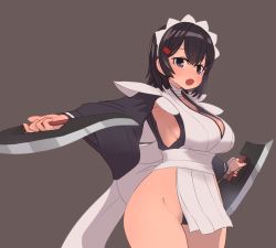 Rule 34 | 1girl, armpits, black hair, blush, breasts, brown background, butterfly swords, choker, cleavage, commentary, cowboy shot, dual wielding, hair ornament, hairclip, holding, holding sword, holding weapon, iroha (samurai spirits), large breasts, legs, leotard, long sleeves, looking at viewer, maid, maid headdress, maid leotard, open mouth, outstretched arms, pelvic curtain, purple eyes, revealing clothes, samurai spirits, sash, short hair, sideboob, simple background, solo, spread arms, sumiyao (amam), sword, thighs, unconventional maid, vest, weapon, white choker, white vest, wide sleeves