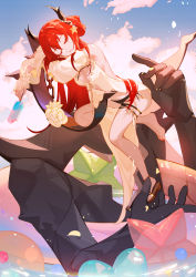 Rule 34 | 1girl, absurdres, arknights, bikini, black bikini, black ribbon, breasts, brown footwear, chinese commentary, cleavage, closed eyes, closed mouth, cloud, commentary request, day, demon girl, demon horns, detached sleeves, facing viewer, food, full body, hair rings, highres, holding food, holding ice cream, horn ornament, horns, ice cream, jewelry, large breasts, leg ribbon, long hair, lubusi, lying, monster, nail polish, necklace, official alternate costume, pearl necklace, popsicle, red hair, red nails, ribbon, sandals, sky, sleeping, solo, star ornament, surtr (arknights), surtr (colorful wonderland) (arknights), swimsuit, swimsuit cover-up, toenails, very long hair, water, white sleeves