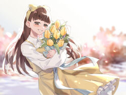 Rule 34 | 1girl, blunt bangs, blurry, blurry background, bouquet, bow, brown hair, cf (dd3371), devotion, dress, du meishin, flower, hair bow, hairband, highres, long hair, long sleeves, looking at viewer, outdoors, pinafore dress, shirt, sleeveless dress, smile, standing, tulip, white shirt, yellow bow, yellow dress, yellow hairband