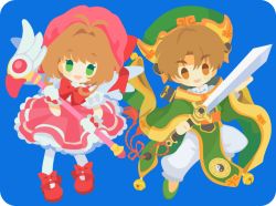 Rule 34 | 1boy, 1girl, :d, antenna hair, blue background, bow, bowtie, brown eyes, brown hair, cardcaptor sakura, chibi, dress, fuuin no tsue, gloves, green eyes, green hat, hair intakes, hat, holding, holding sword, holding wand, holding weapon, kinomoto sakura, li xiaolang, looking at viewer, magical girl, mary janes, open mouth, pantyhose, pink dress, pink hat, red footwear, red neckwear, rizu (rizunm), shoes, smile, sword, wand, weapon, white gloves, white pantyhose, white wings, wings, yin yang